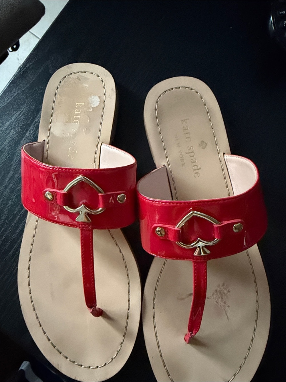 kate spade Red Patent Thong Sandals with Gold Spade Hardware